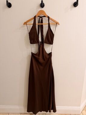 Satin Halter Cutout Maxi Dress- Brown